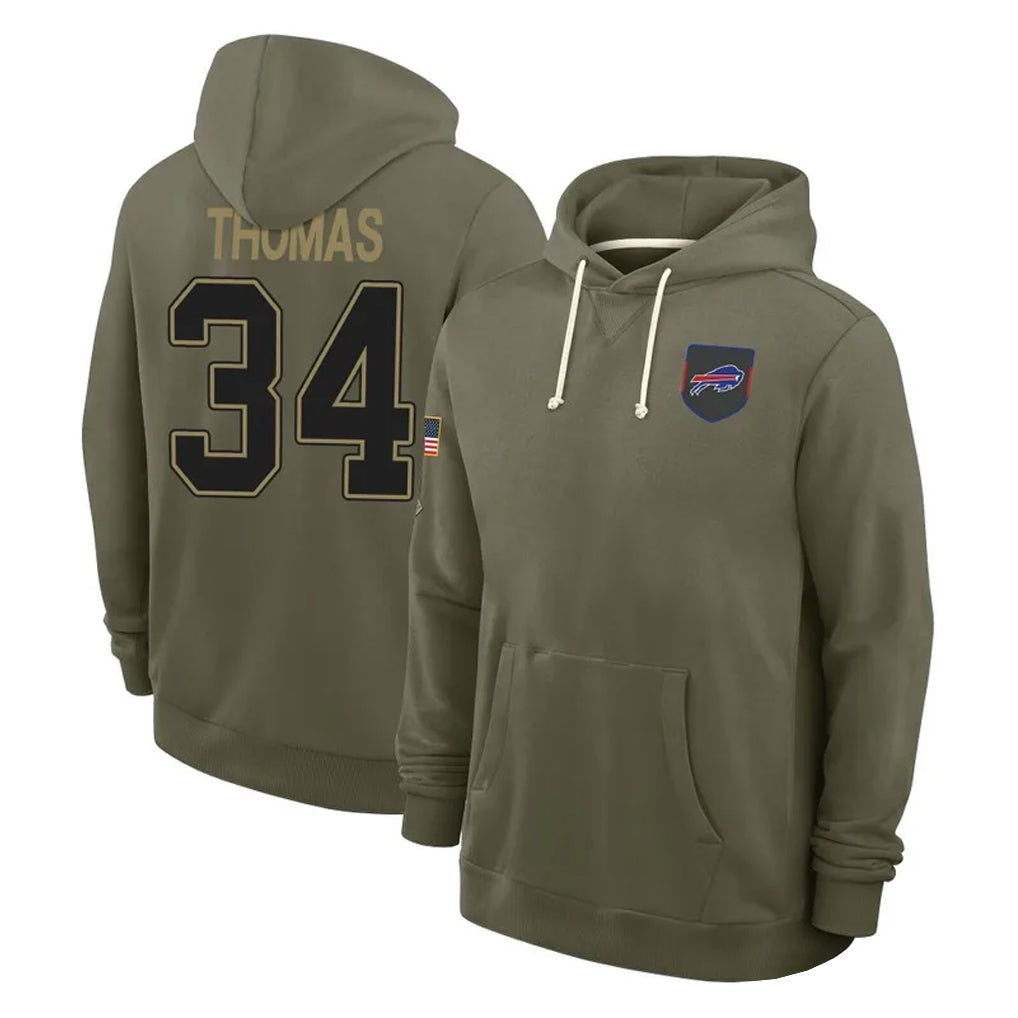 B.Bills #34 Thurman Thomas Player Olive Salute to Service Hoodies Edoa Stitched Jerseys