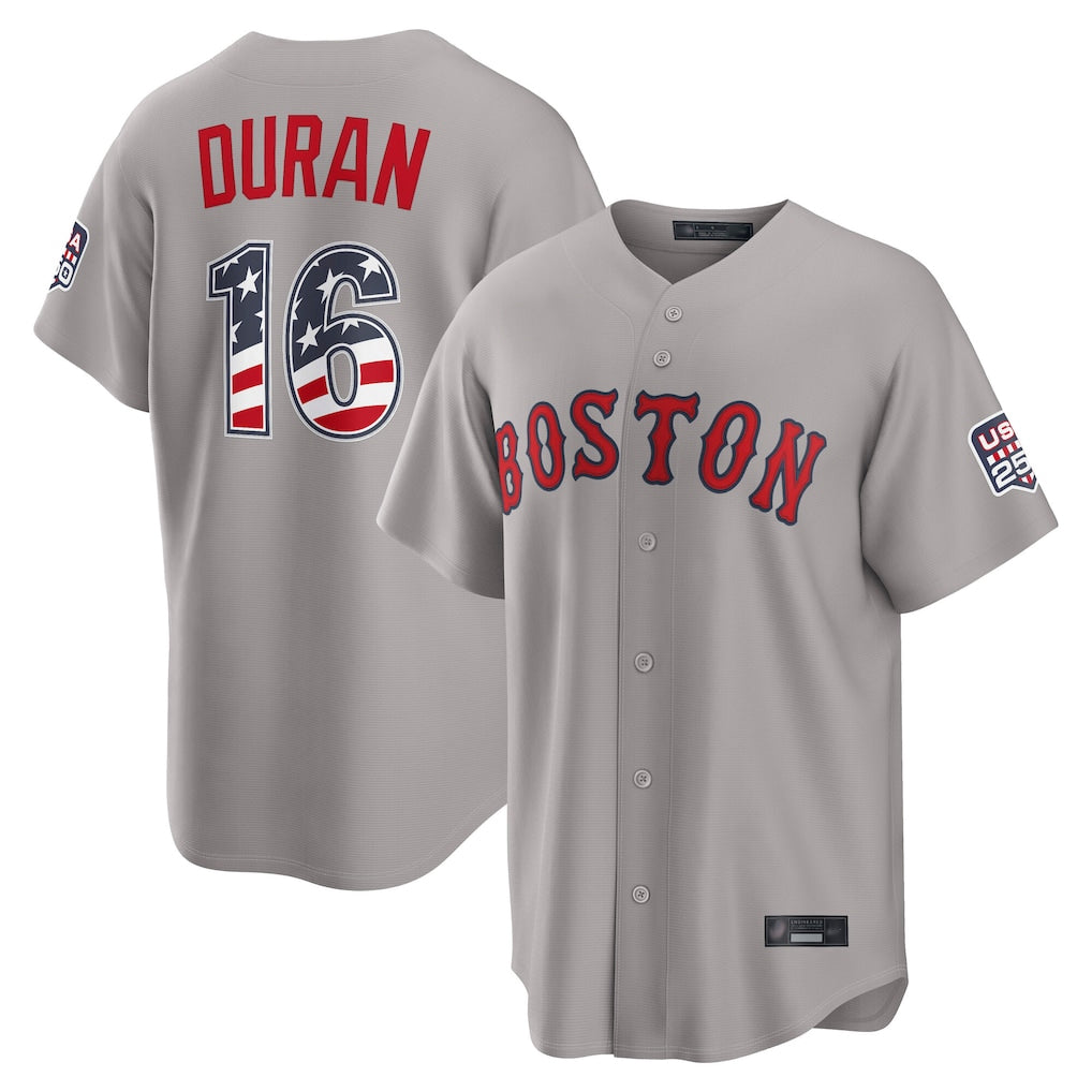 B.Red Sox #16 Jarren Duran Player Gray Road USA 250 Fourth of July Home Game Edoa Stitched Jerseys