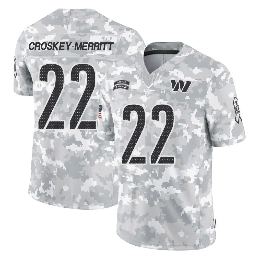 W.Commanders #22 Jacory Croskey-Merritt Player Arctic Camo Limited Salute To Service Home Game Edoa Stitched Jerseys
