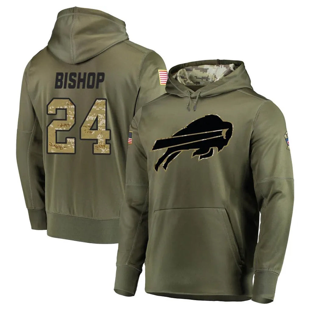 B.Bills #24 Cole Bishop Player Olive Salute to Service Hoodies Game Edoa Stitched Jerseys