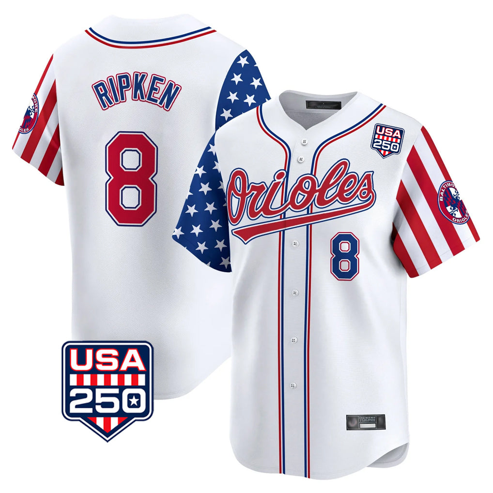 B.Orioles #8 Cal Ripken Player White USA 250 Independence Day Vapor Premier Home Game Edoa Stitched Jerseys