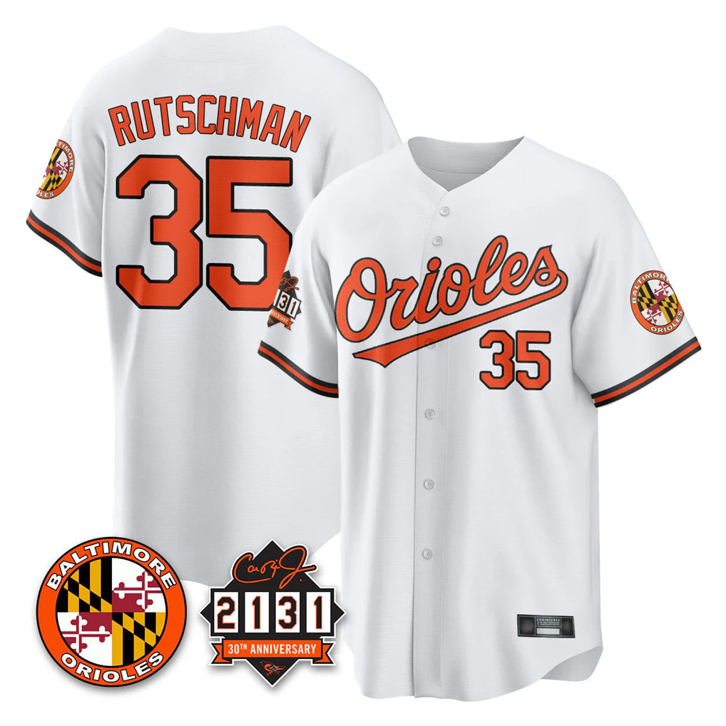 B.Orioles #35 Adley Rutschman Player White 30th Anniversary of 2131 Home Game Edoa Stitched Jerseys