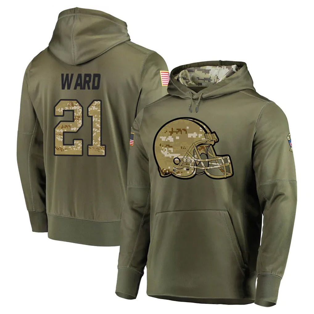 C.Browns #21 Denzel Ward Player Olive Salute to Service Pullover Hoodies Home Game Edoa Stitched Jerseys
