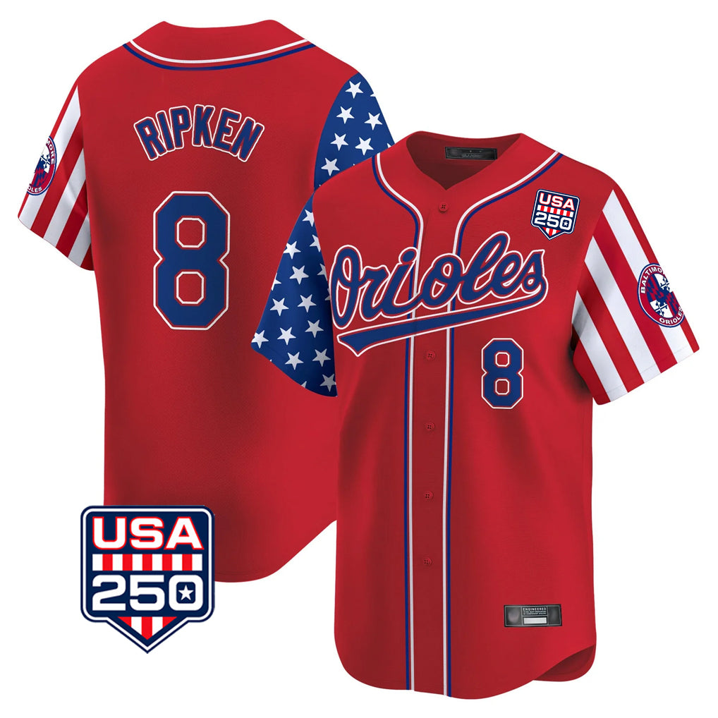 B.Orioles #8 Cal Ripken Player Red USA 250 Independence Day Vapor Premier Limited Home Game Edoa Stitched Jerseys