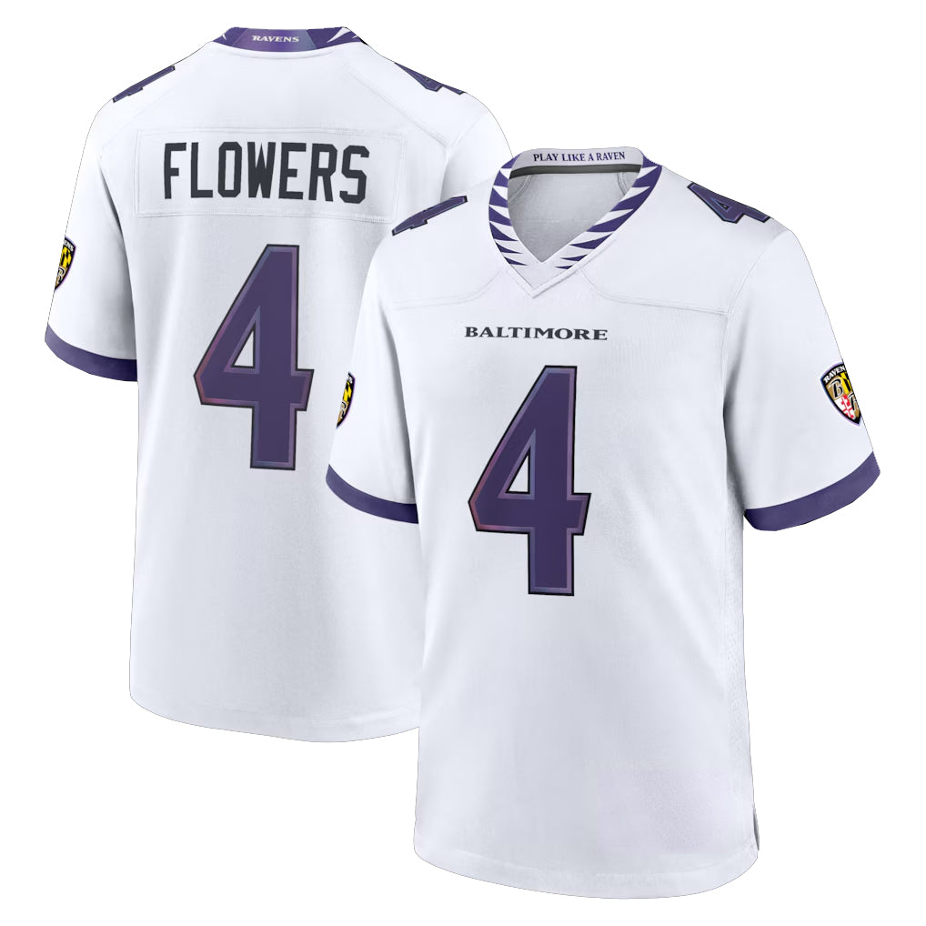 B.Ravens #4 Zay Flowers Player White Home Game Edoa Stitched Jerseys