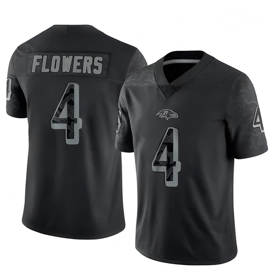 B.Ravens #4 Zay Flowers Player Black REFLECTIVE Limited Edoa Stitched Jerseys