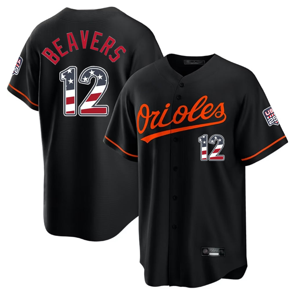 B.Orioles #12 Dylan Beavers Player Black USA 250 Fourth of July Home Game Edoa Stitched Jerseys
