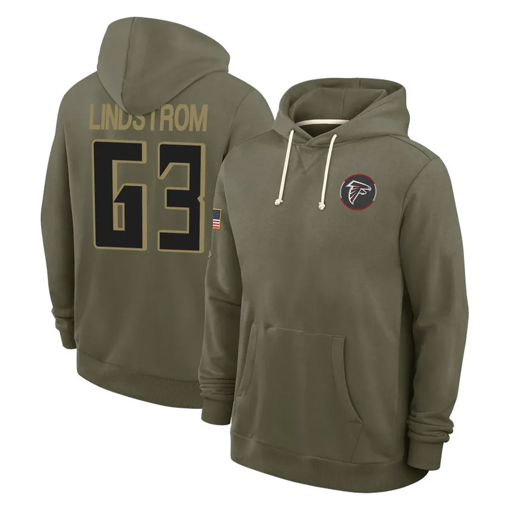A.Falcons #63 Chris Lindstrom Player Olive 2025 Salute to Service Hoodies Edoa Stitched Jerseys