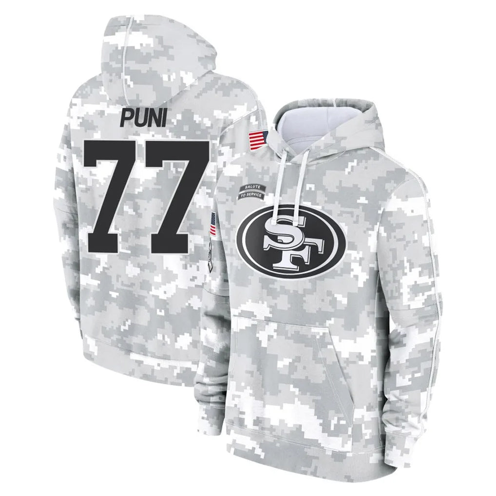 SF.49ers #77 Dominick Puni Player Arctic Camo Limited Salute to Service Pullover Hoodies Game Edoa Stitched Jerseys