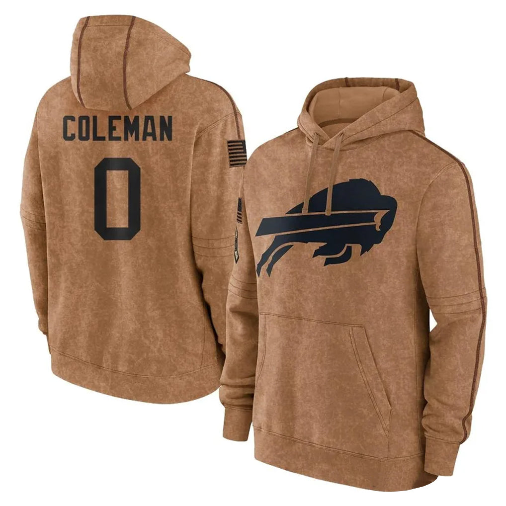 B.Bills #0 Keon Coleman Player Brown Salute to Service Hoodies Edoa Stitched Jerseys