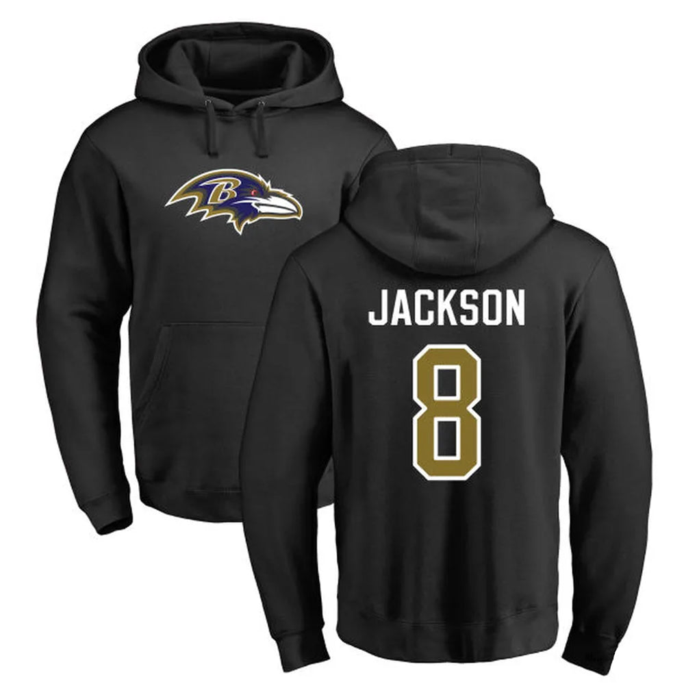 B.Ravens #8 Lamar Jackson Player Black Pullover Hoodie Edoa Stitched Jerseys