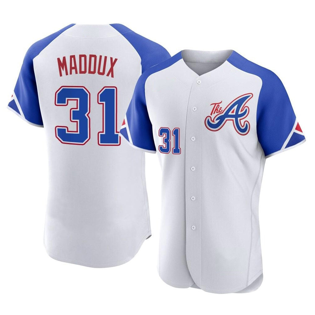 A.Braves #31 Greg Maddux Player White City Connect Limited Elite Home Game Edoa Stitched Jerseys