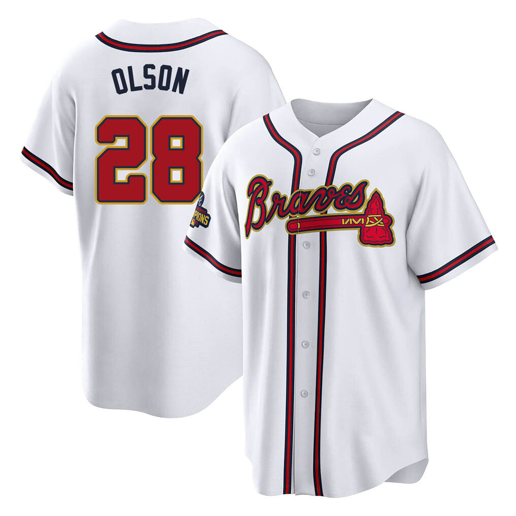 A.Braves #28 Matt Olson Player White Gold Home Game Edoa Stitched Jerseys