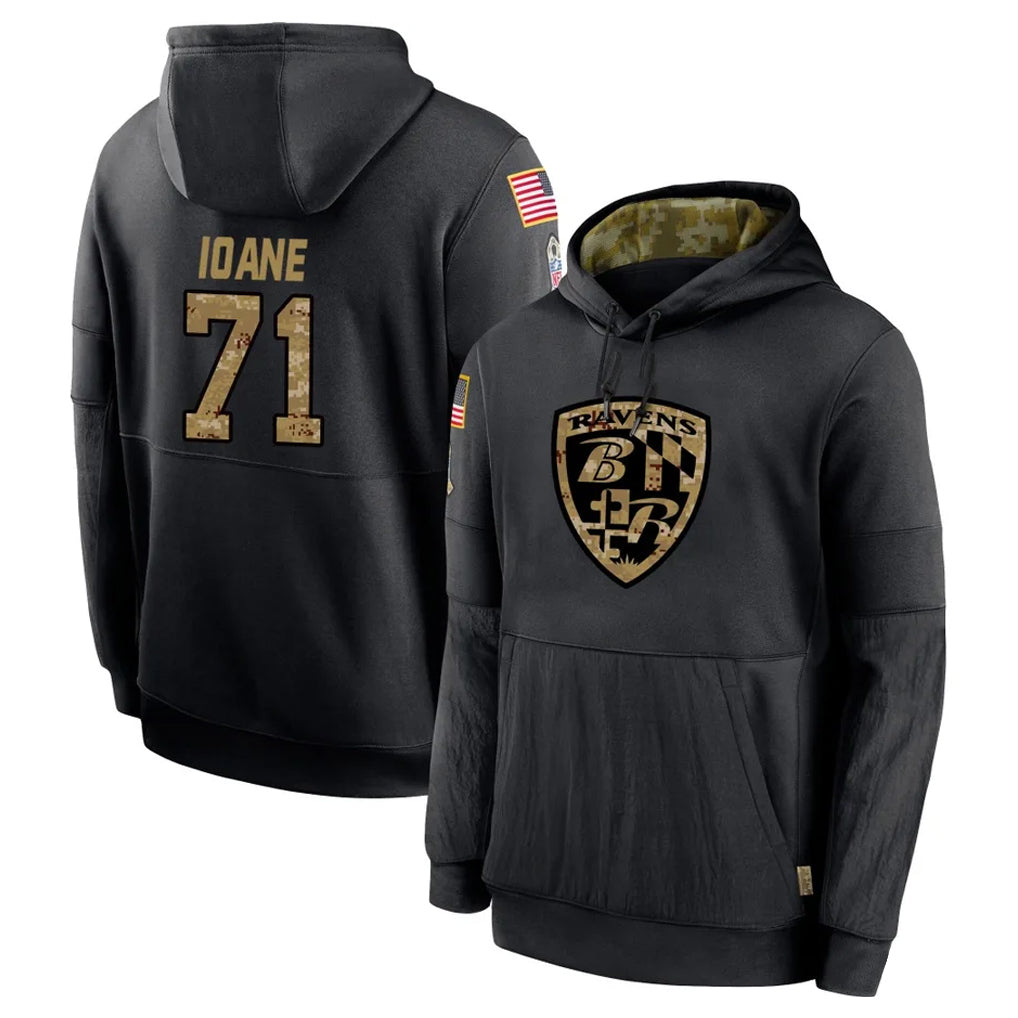 B.Ravens #71 Olaivavega Ioane Player Black Salute to Service Pullover Hoodie Edoa Stitched Jerseys