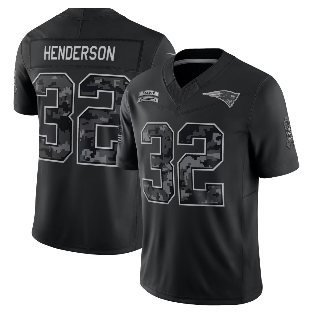 NE.Patriots #32 TreVeyon Henderson Player Black Limited 2026 Salute to Service Home Game Edoa Stitched Jerseys