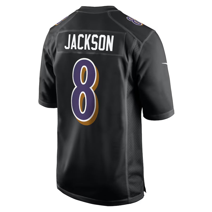 B.Ravens #8 Lamar Jackson Player Black Carbon Fashion Home Game Edoa Stitched Jerseys