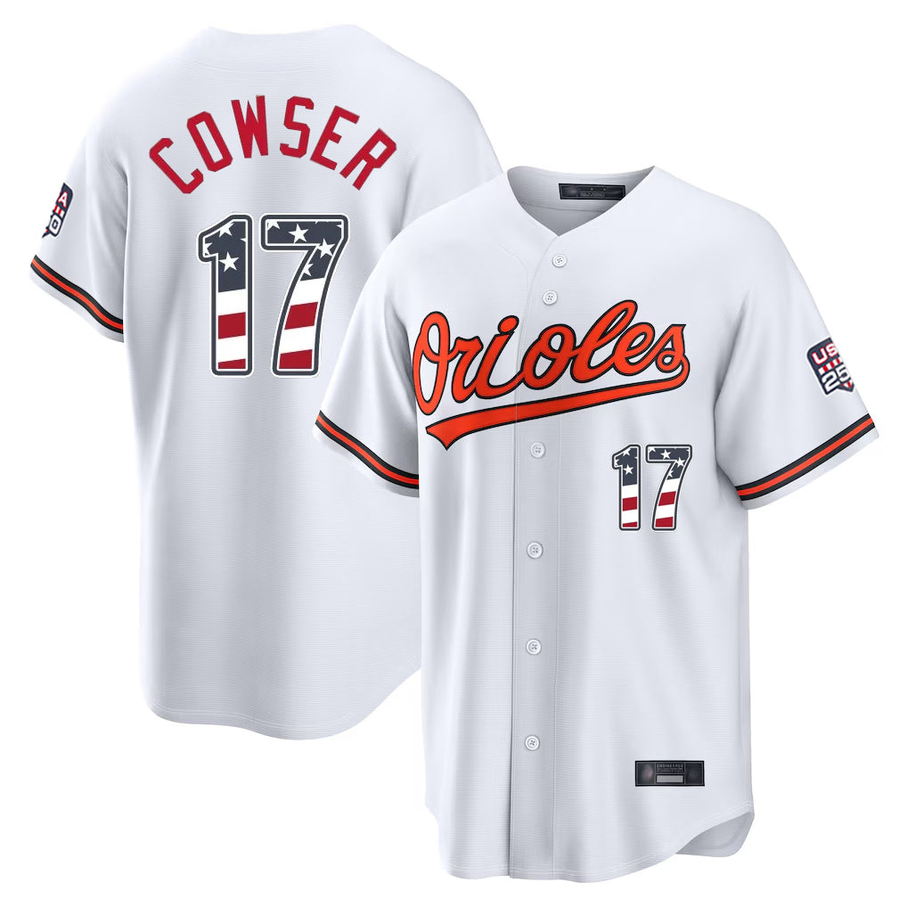 B.Orioles #17 Colton Cowser Player White USA 250 Fourth of July Home Game Edoa Stitched Jerseys
