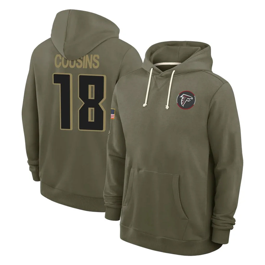 A.Falcons #18 Kirk Cousins Player Olive 2025 Salute to Service Hoodies Edoa Stitched Jerseys