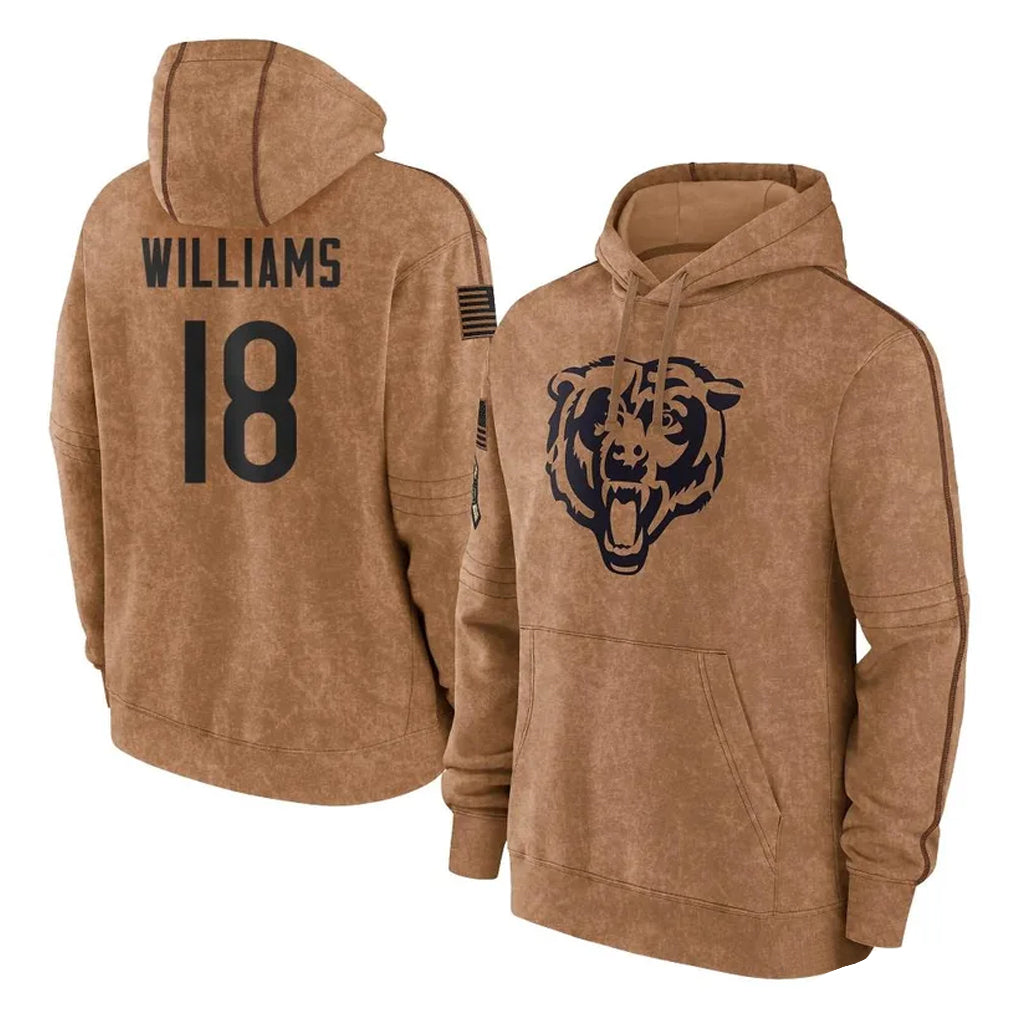 C.Bears #18 Caleb Williams Player Brown Salute to Service Pullover Hoodies Limited Edoa Stitched Jerseys