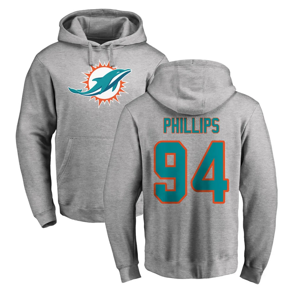 M.Dolphins #94 Jordan Phillips Player Gray LOGO Pullover Hoodies Limited Edoa Stitched Jerseys