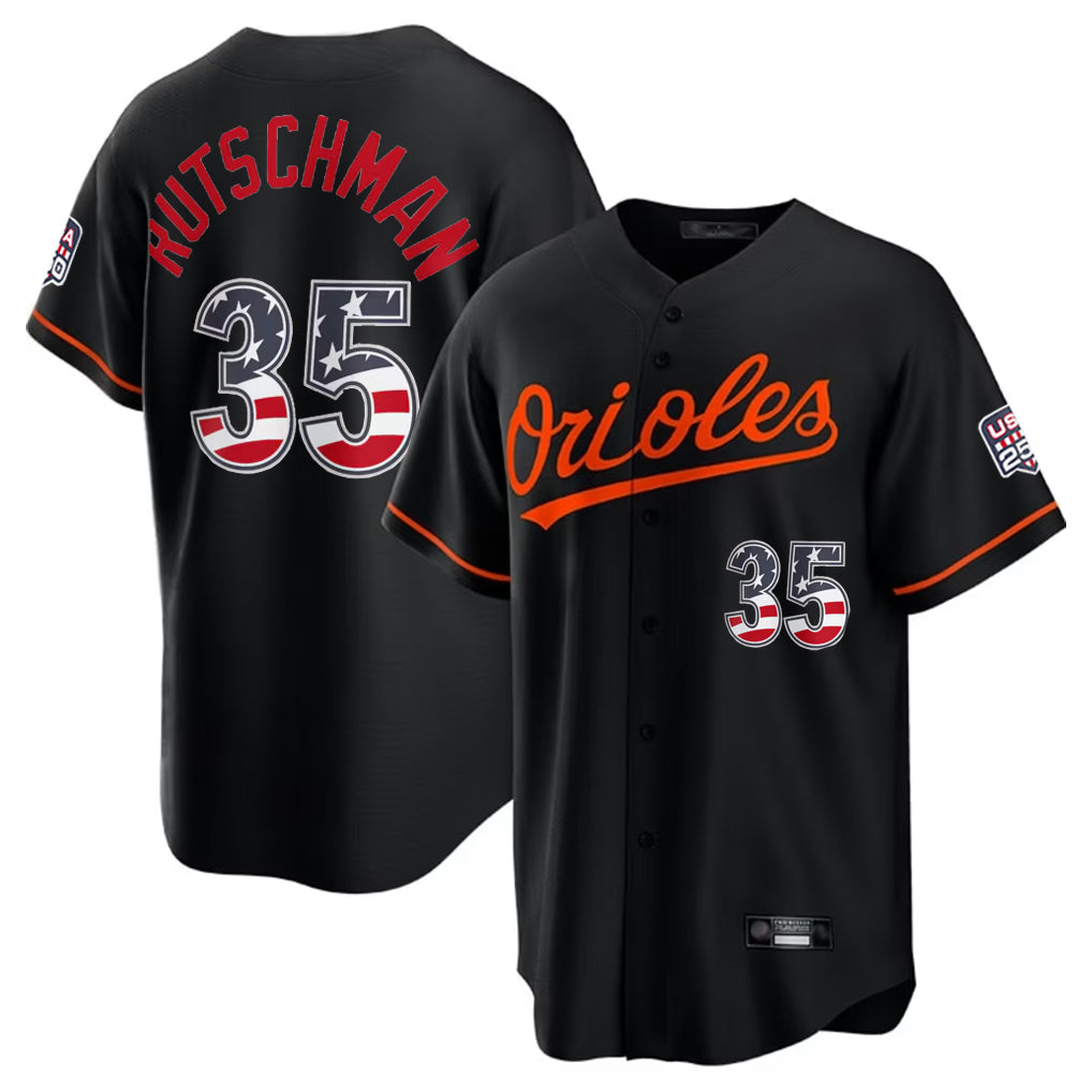 B.Orioles #35 Adley Rutschman Player Black USA 250 Fourth of July Home Game Edoa Stitched Jerseys