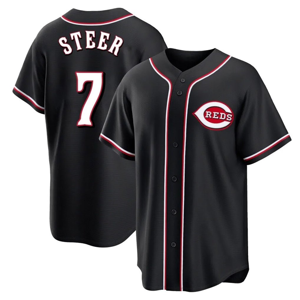 C.Reds #7 Spencer Steer Player Black Fashion Out Home Game Edoa Stitched Jerseys
