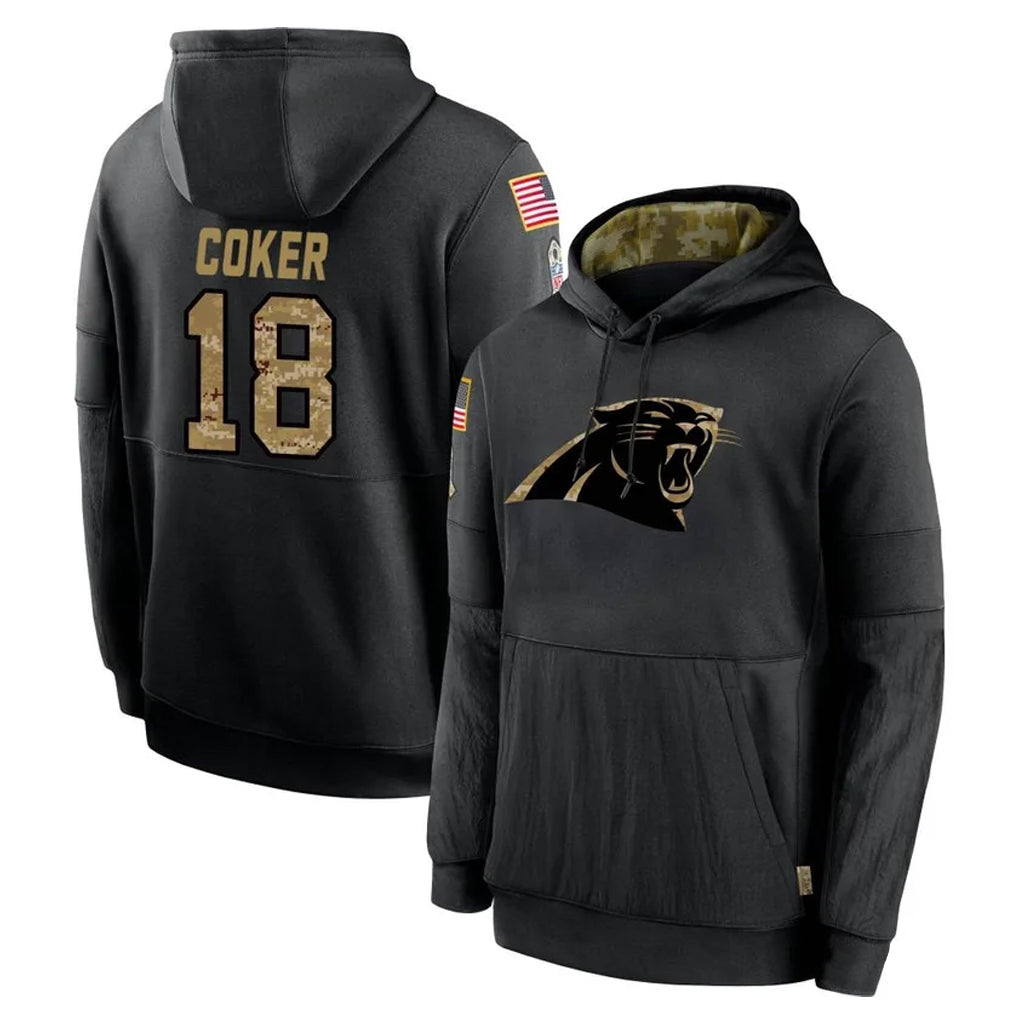C.Panthers #18 Jalen Coker Player Black Salute to Service Pullover Hoodies Limited Game Edoa Stitched Jerseys
