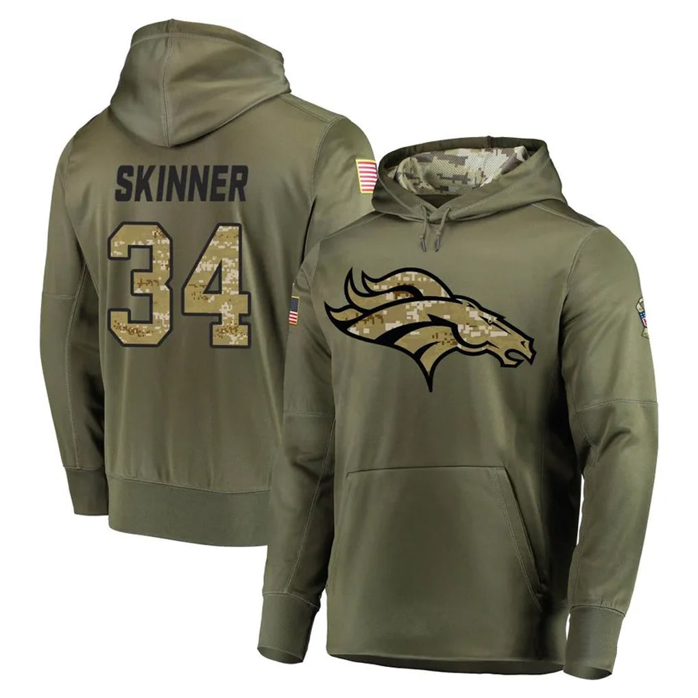D.Broncos #34 JL Skinner Player Olive Salute to Service Pullover Hoodies Home Game Edoa Stitched Jerseys