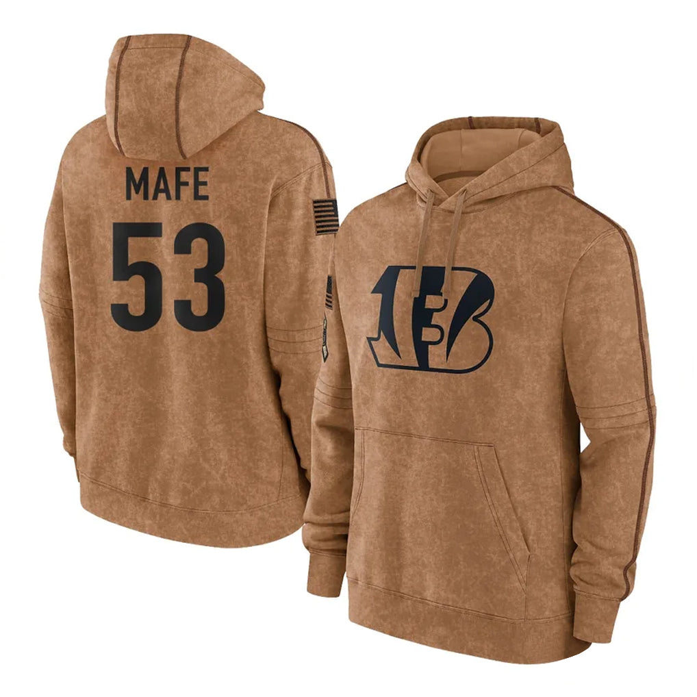 C.Bengals #53 Boye Mafe Player Brown Salute to Service Pullover Hoodie Limited Edoa Stitched Jerseys
