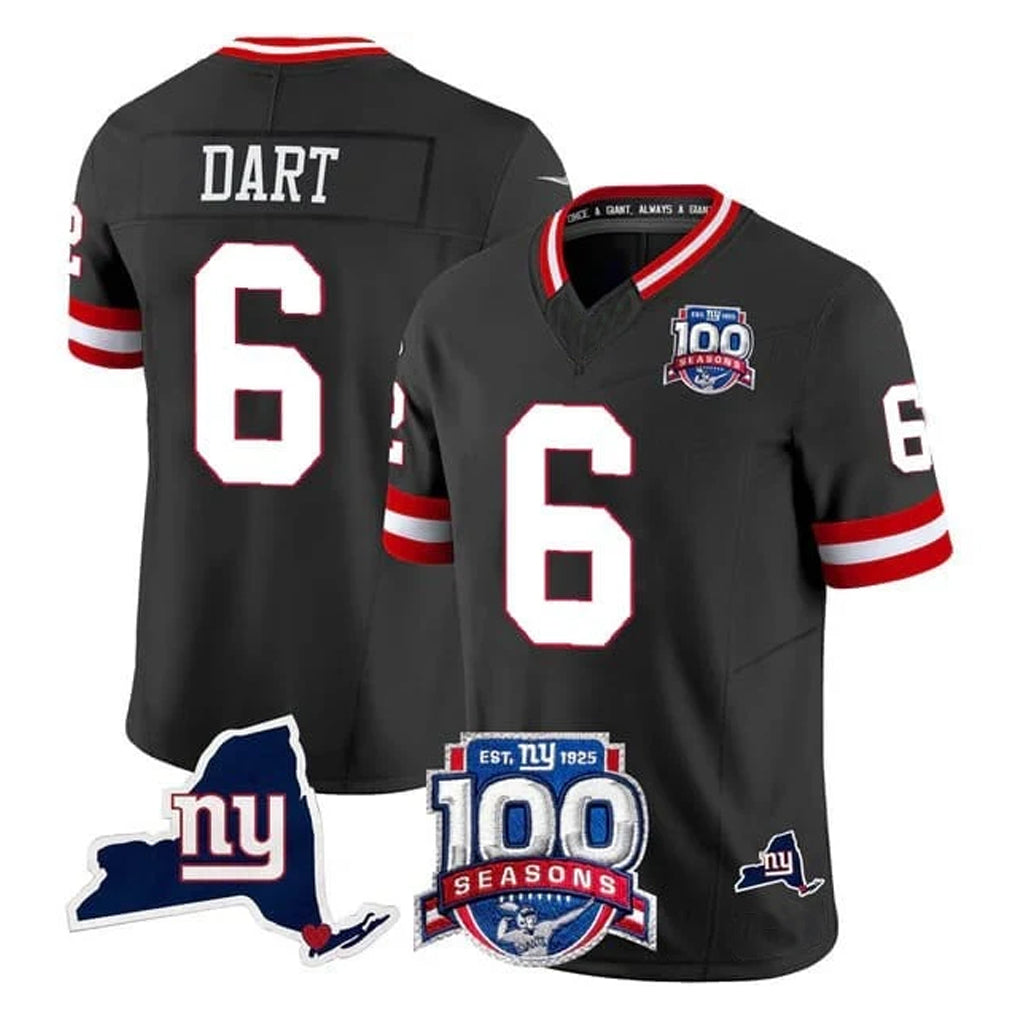 NY.Giants #6 Jaxson Dart Player Black 100th Season & State Patch Vapor Limited Home Game Edoa Stitched Jerseys