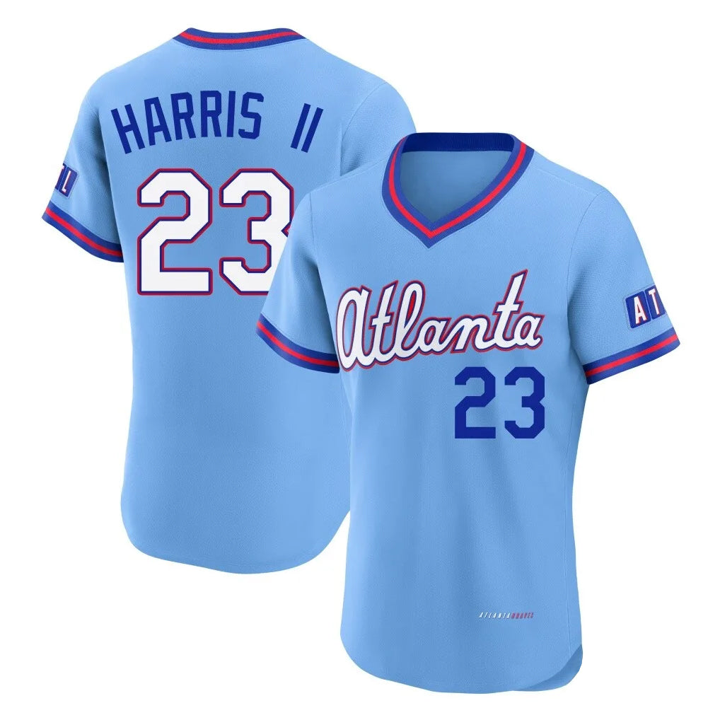 A.Braves #23 Michael Harris II Player Powder Blue 2026 City Connect T-shirt Limited Elite Home Game Edoa Stitched Jerseys