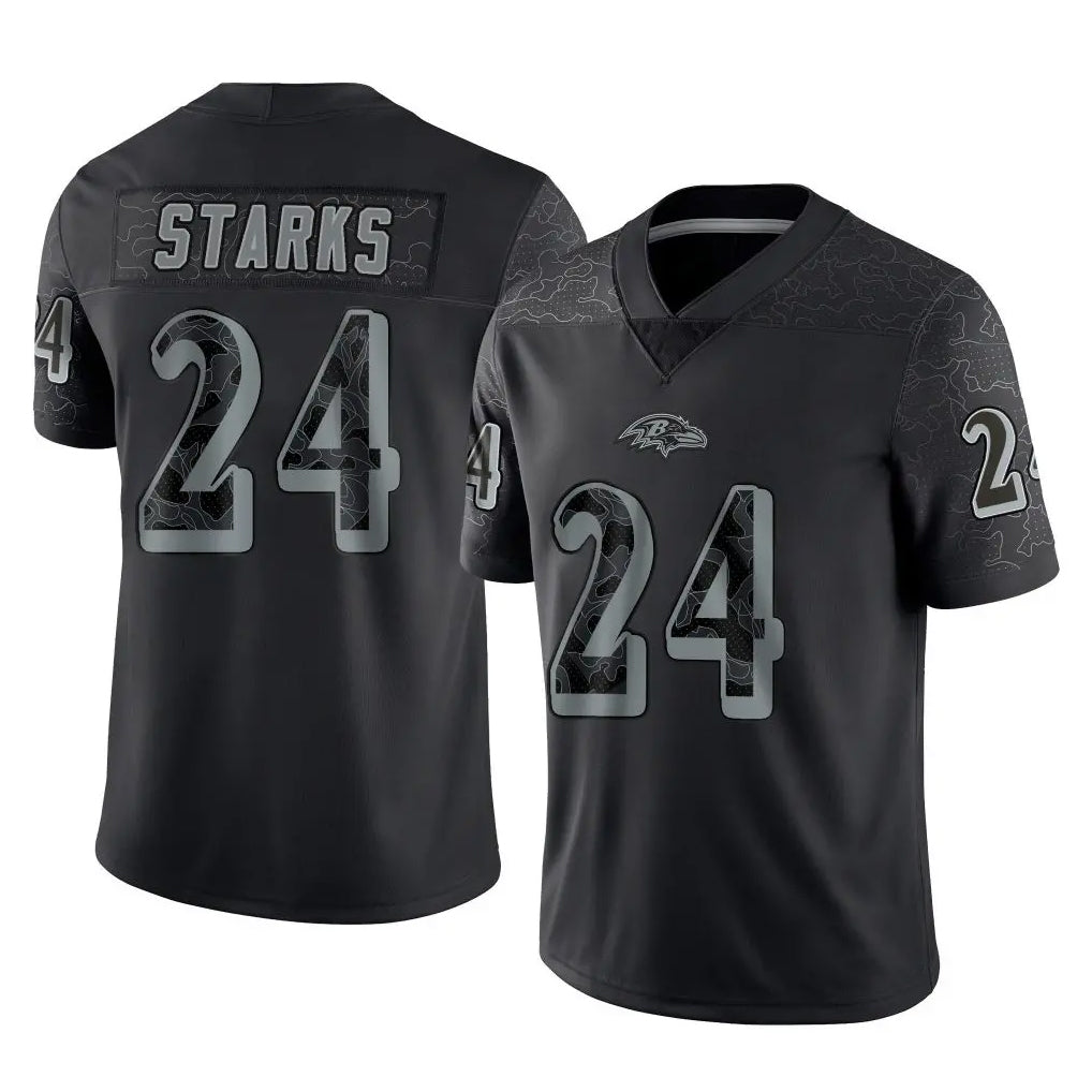 B.Ravens #24 Malaki Starks Player Black REFLECTIVE Limited Edoa Stitched Jerseys