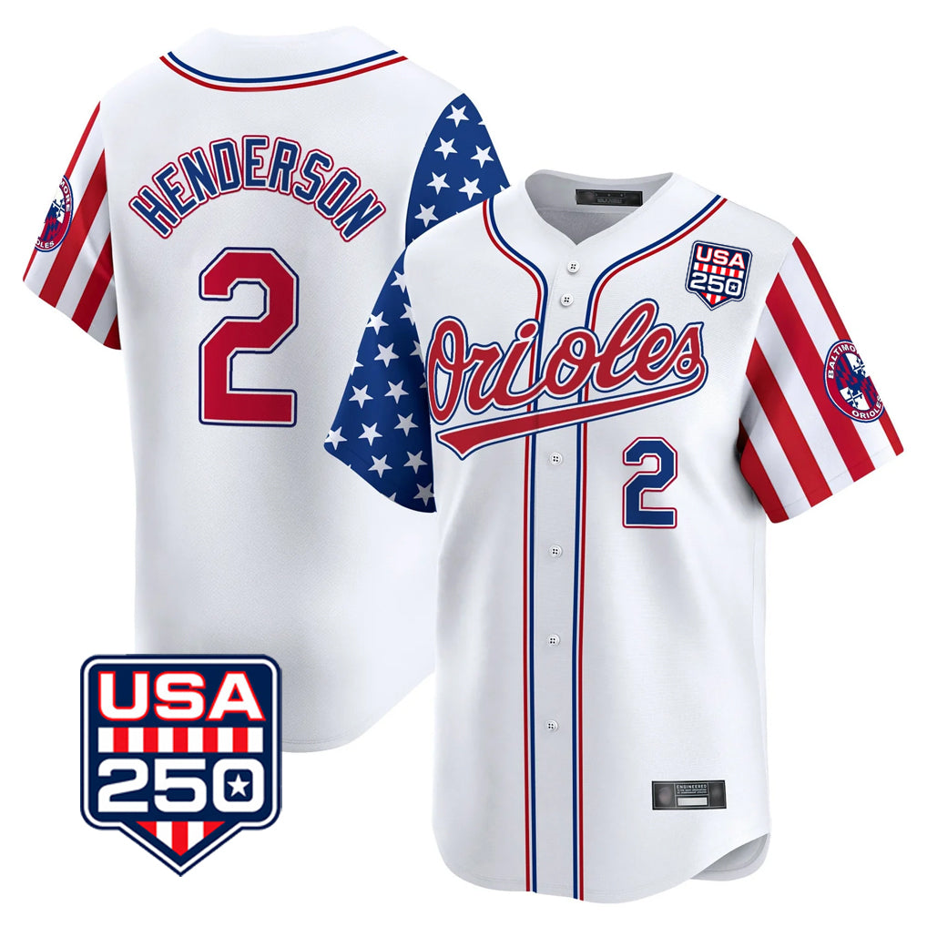 B.Orioles #2 Gunnar Henderson Player White USA 250 Independence Day Vapor Premier Home Game Edoa Stitched Jerseys
