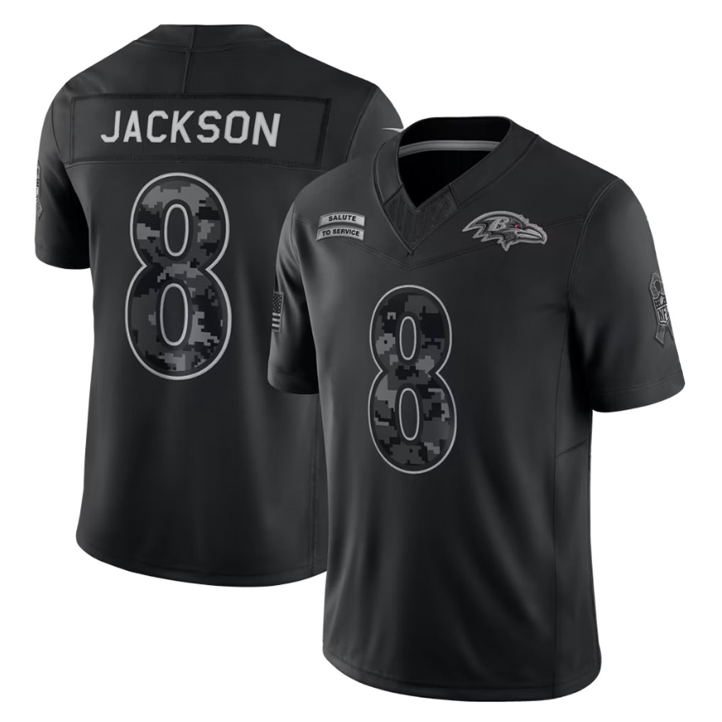 B.Ravens #8 Lamar Jackson Player Black Limited 2026 Salute to Service Home Game Edoa Stitched Jerseys