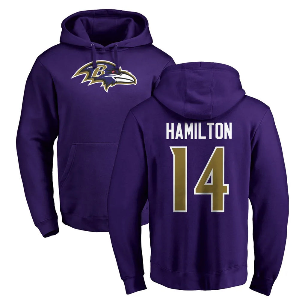B.Ravens #14 Kyle Hamilton Player Purple Salute to Service Pullover Hoodie Edoa Stitched Jerseys