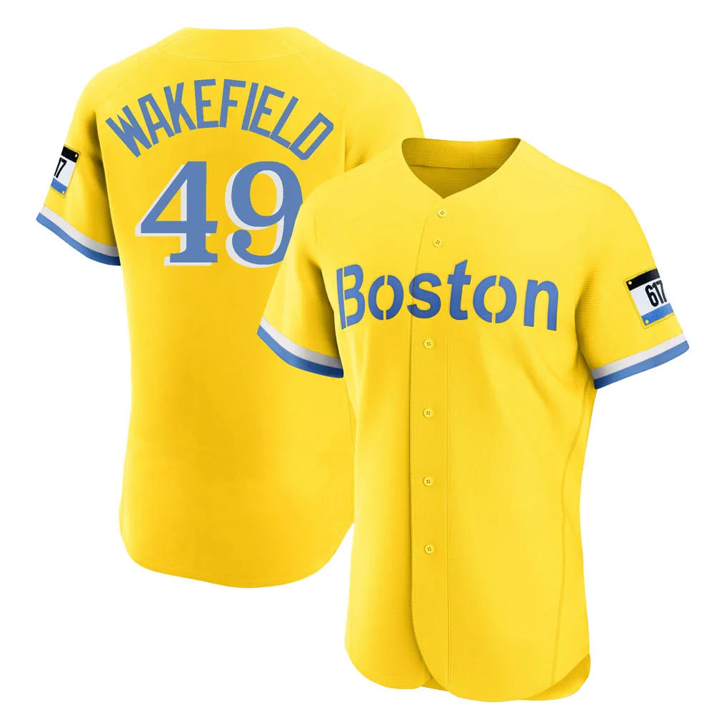 B.Red Sox #49 Tim Wakefield Player Yellow Limited Elite Home Game Edoa Stitched Jerseys