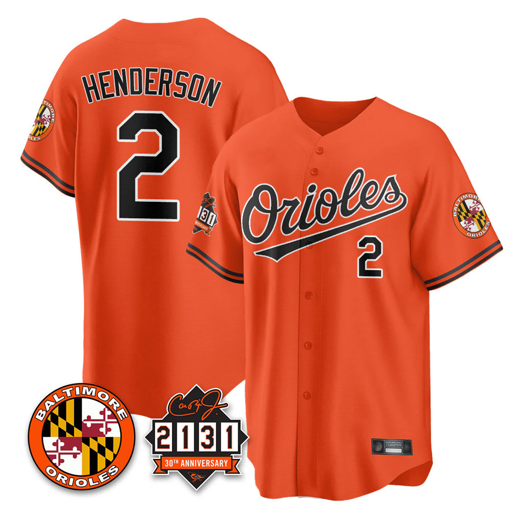 B.Orioles #2 Gunnar Henderson Player Orange 30th Anniversary of 2131 Home Game Edoa Stitched Jerseys