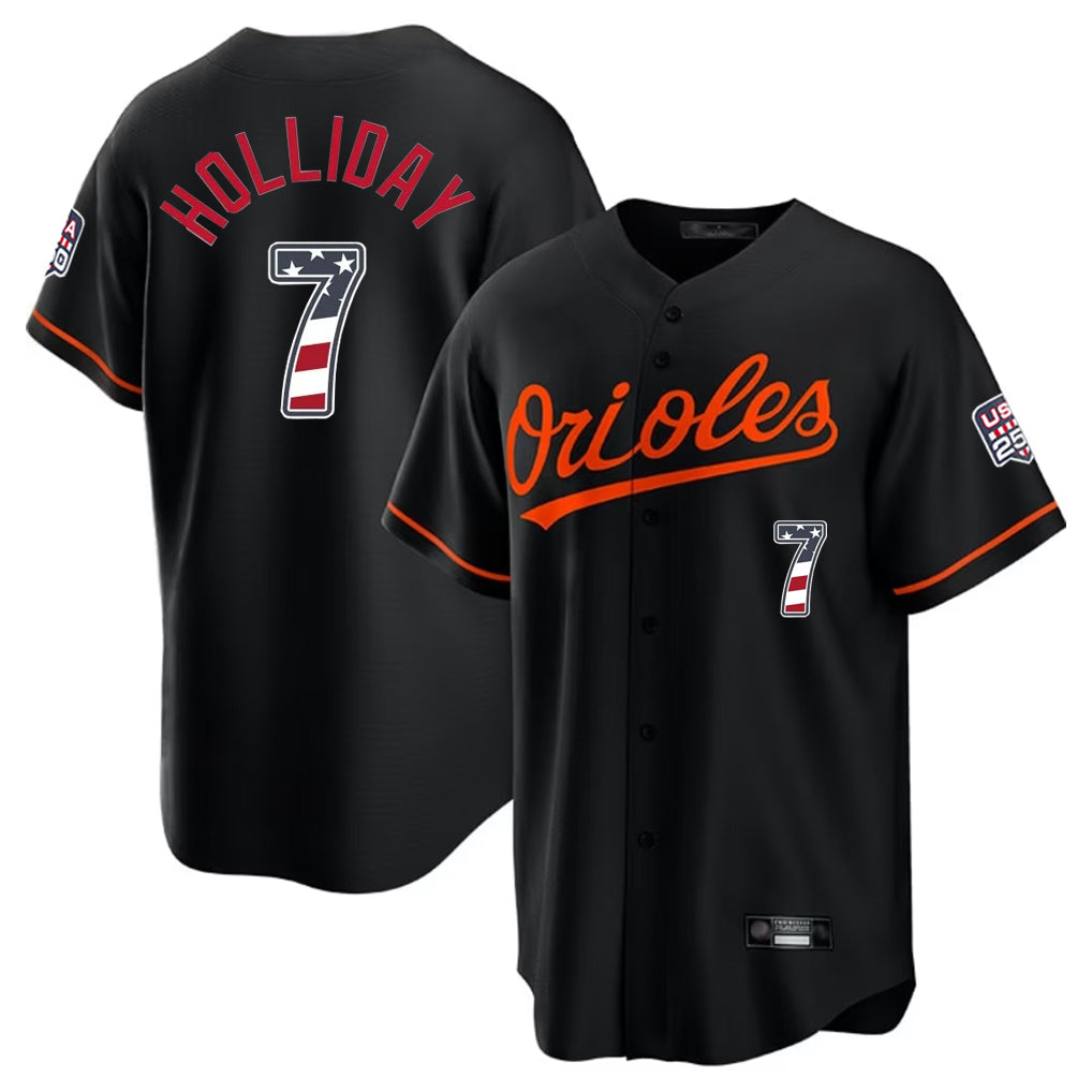 B.Orioles #7 Jackson Holliday Player Black USA 250 Fourth of July Home Game Edoa Stitched Jerseys