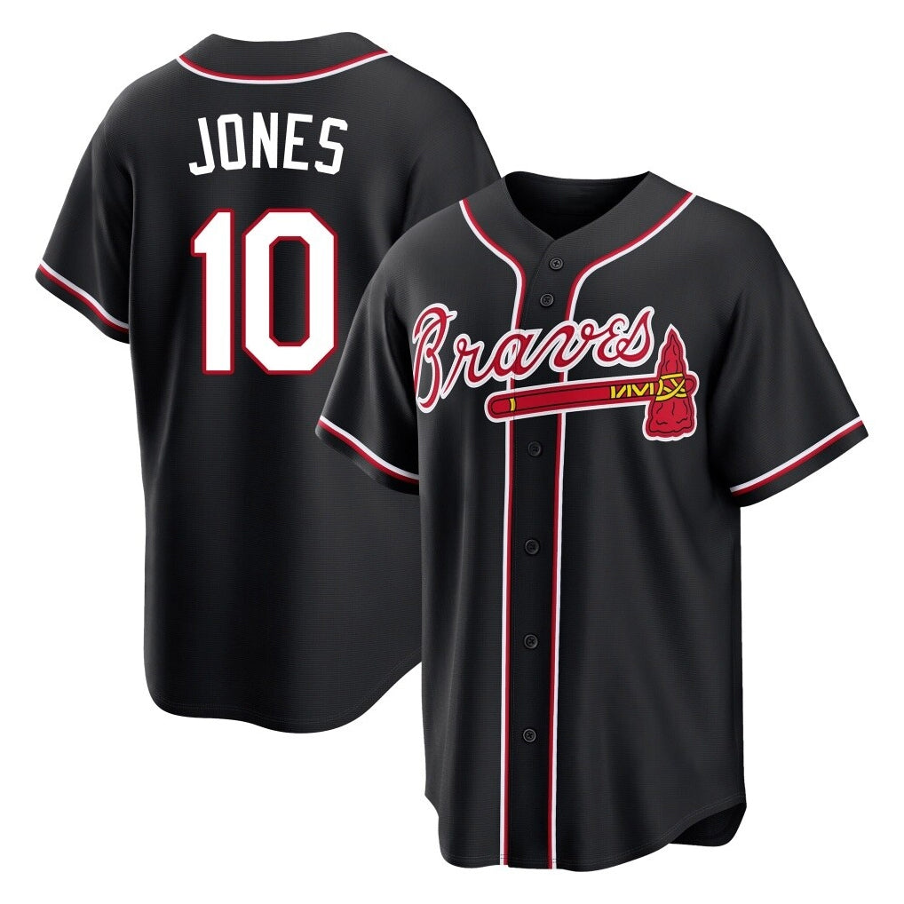 A.Braves #10 Chipper Jones Player Black Fashion Out Game Edoa Stitched Jerseys
