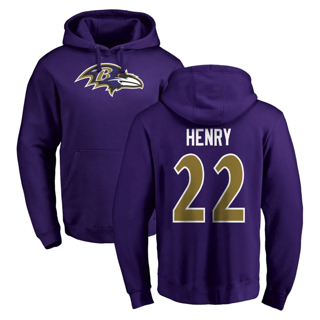 B.Ravens #22 Derrick Henry Player Purple Salute to Service Pullover Hoodie Edoa Stitched Jerseys