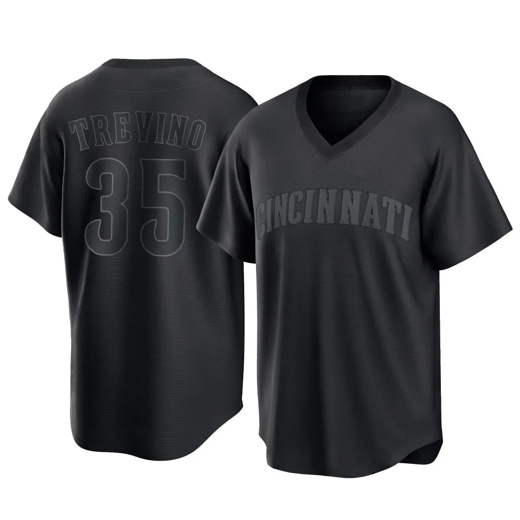 C.Reds #35 Jose Trevino Player Black T-shirt Game Home Edoa Stitched Jerseys