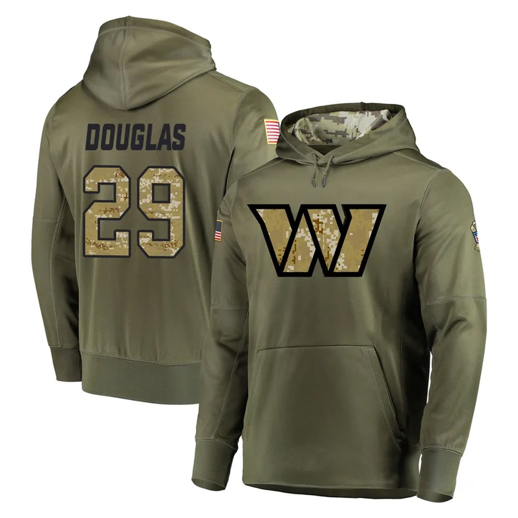 W.Commanders #29 Rasul Douglas Player Olive Salute to Service Pullover Hoodie Limited Home Game Edoa Stitched Jerseys