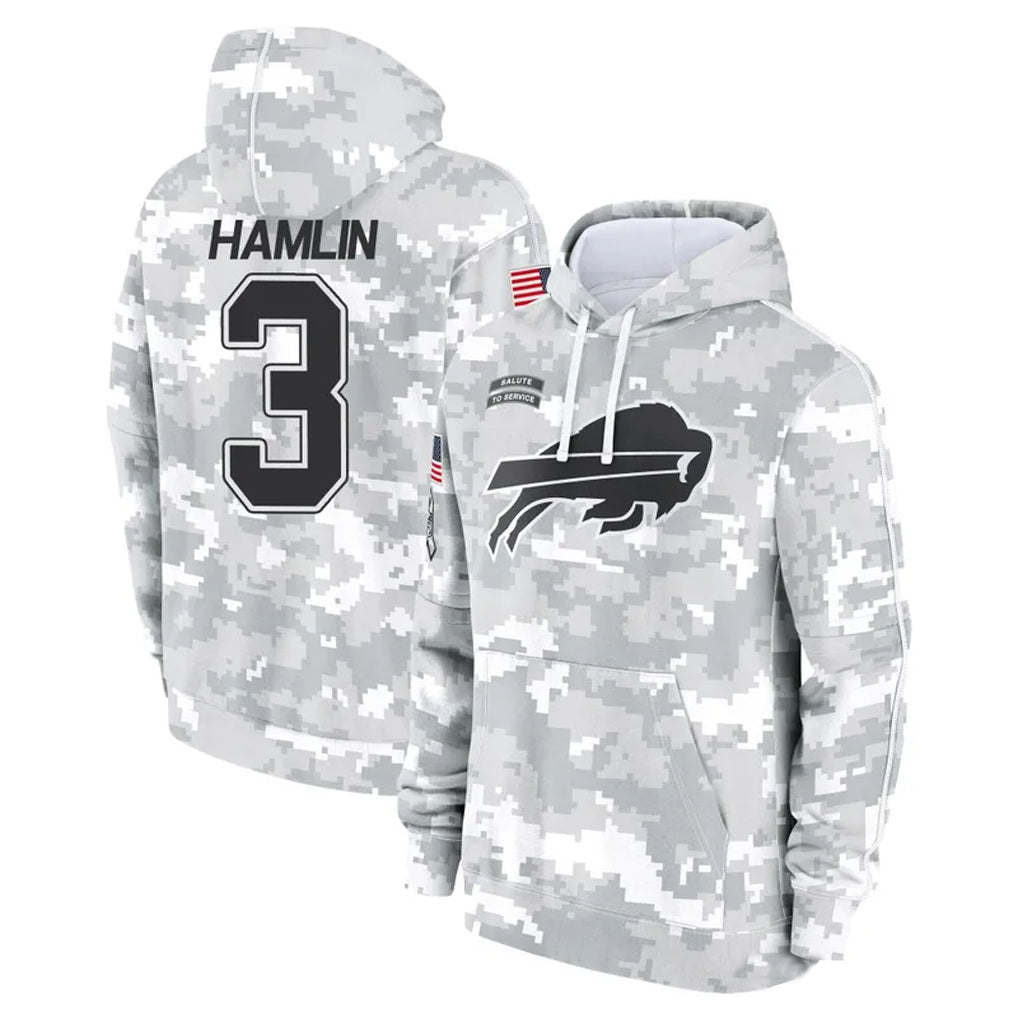 B.Bills #3 Damar Hamlin Player Arctic Camo Salute to Service Hoodies Game Edoa Stitched Jerseys