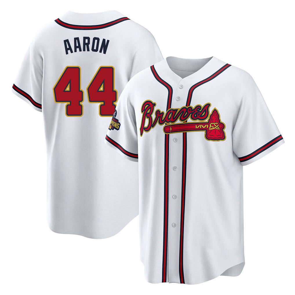 A.Braves #44 Hank Aaron Player White Gold Home Game Edoa Stitched Jerseys