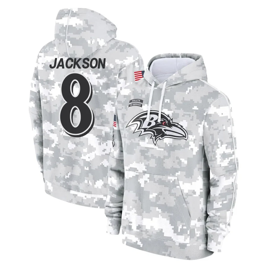 B.Ravens #8 Lamar Jackson Player Arctic Camo Salute to Service Pullover Hoodie Edoa Stitched Jerseys