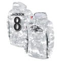 B.Ravens #8 Lamar Jackson Player Arctic Camo Salute to Service Pullover Hoodie Edoa Stitched Jerseys