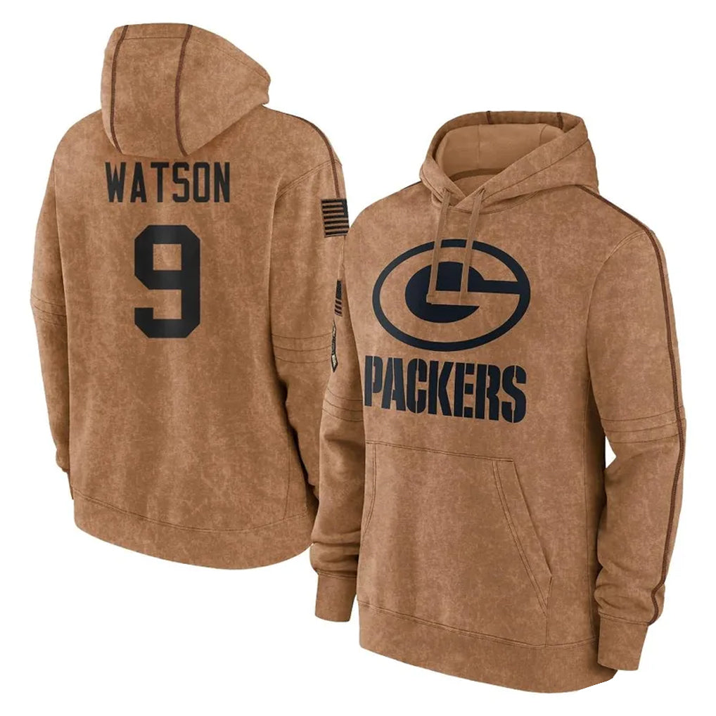 GB.Packers #9 Christian Watson Player Brown Salute to Service Hoodies Limited Game Edoa Stitched Jerseys