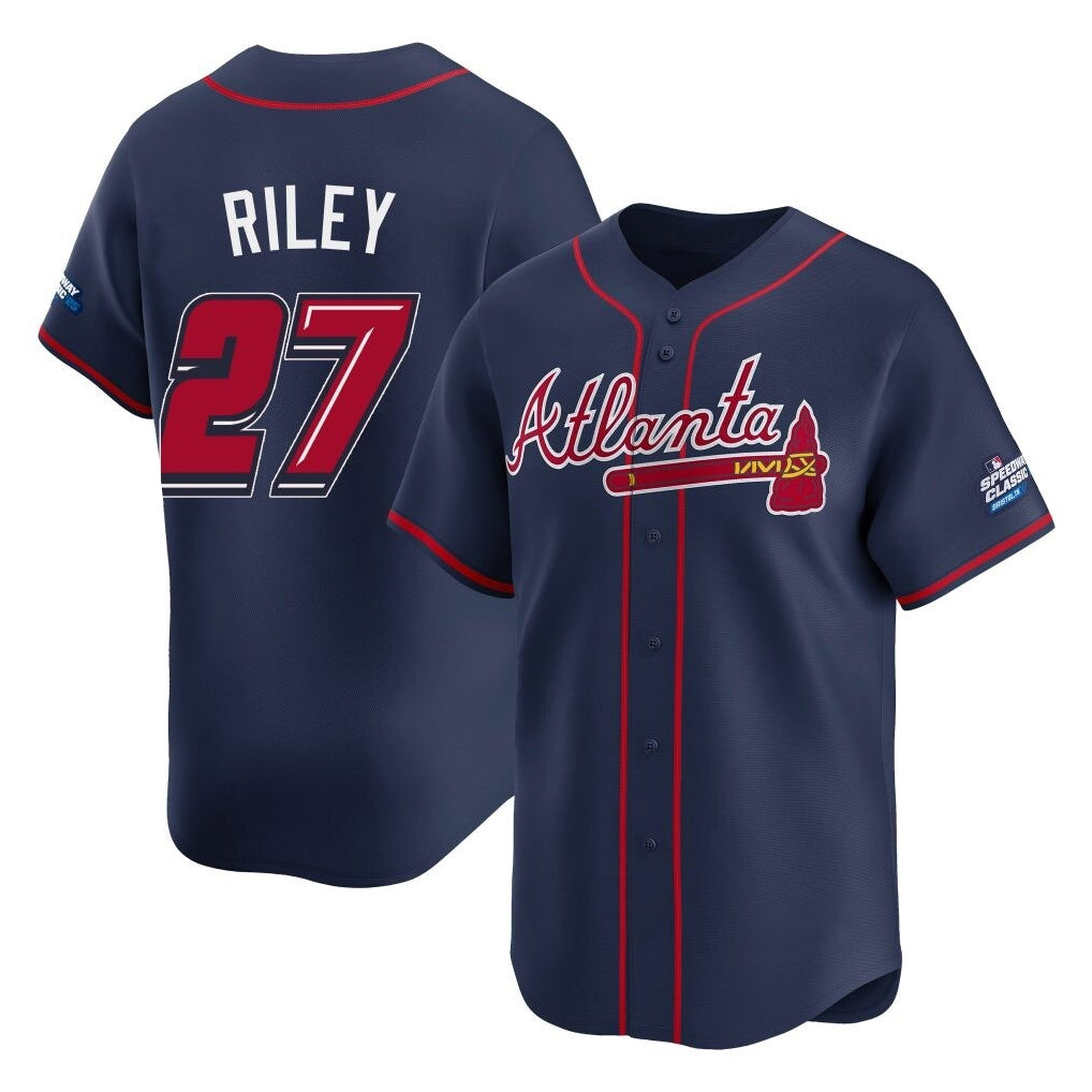 A.Braves #27 Austin Riley Player Navy 2025 Speedway Classic Home Game Edoa Stitched Jerseys