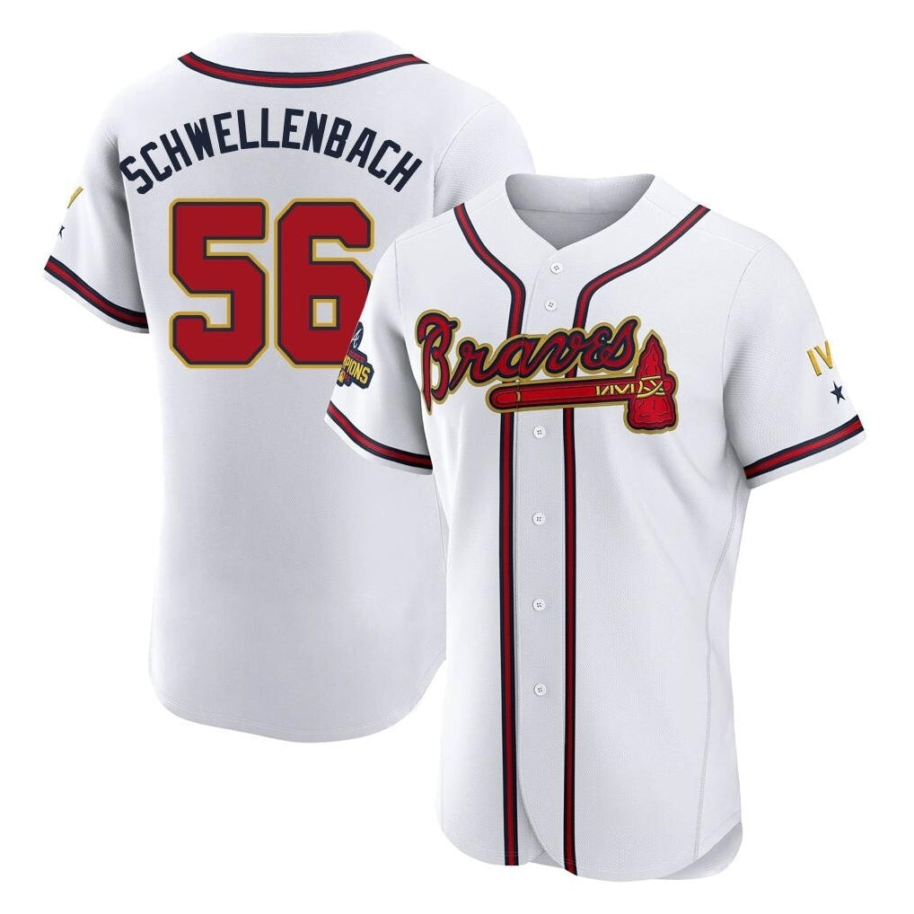 A.Braves #56 Spencer Schwellenbach Player White Gold Limited Elite Home Game Edoa Stitched Jerseys