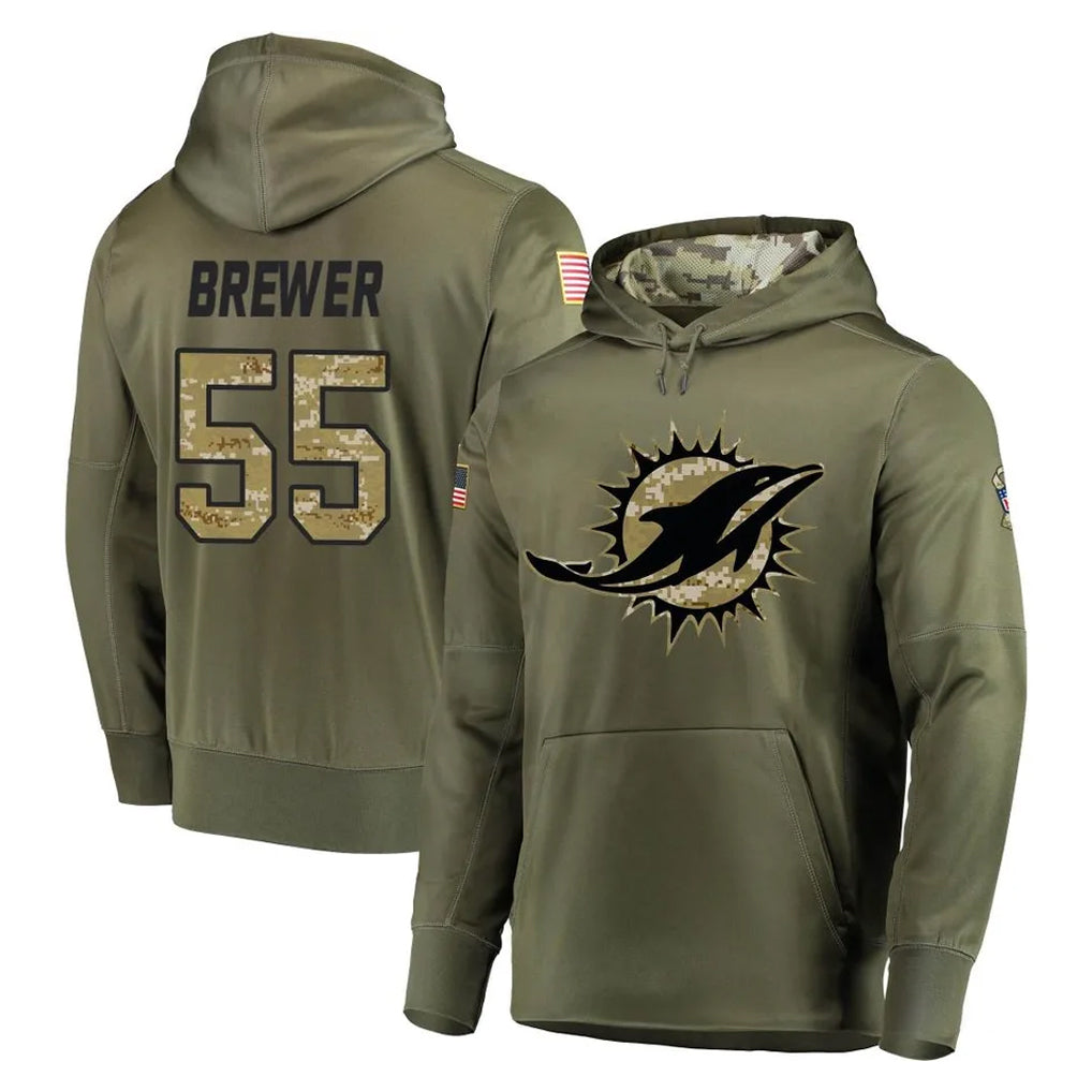 M.Dolphins #55 Aaron Brewer Player Olive Salute to Service Pullover Hoodies Home Game Edoa Stitched Jerseys